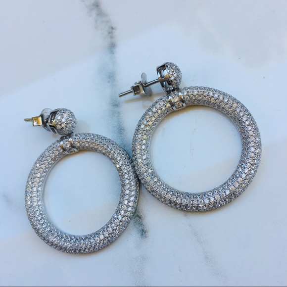 14k white gold diamond pave earrings stud hoops - Picture 4 of 8